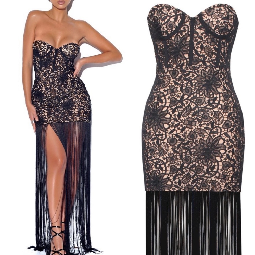 Miss Circle black and nude lace fringe maxi dress, fringed long hem